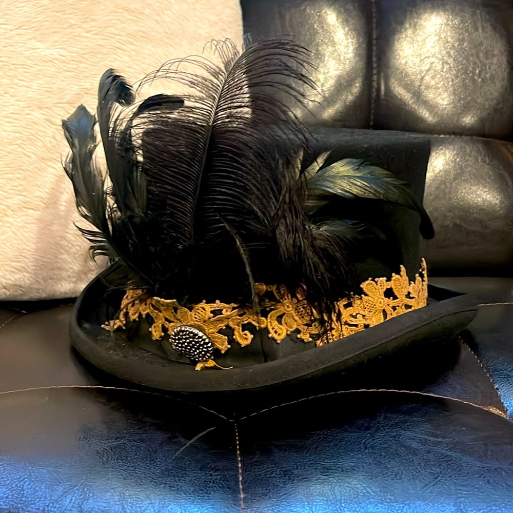 Black Feathertop Hat with Gold Lace Trim